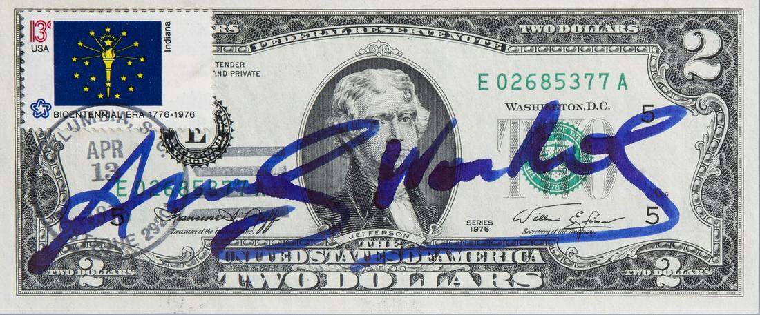 Andy Warhol (1928-1987): An autographed two-dollar bill: Title: Andy Warhol (1928-1987): An autographed two-dollar bill depicting Thomas Jefferson, dated 1976 Description: Work: 15,7 x 6,6 cm Frame: 20,3 x 15,2 cm With a certificate of authenticity by Galer