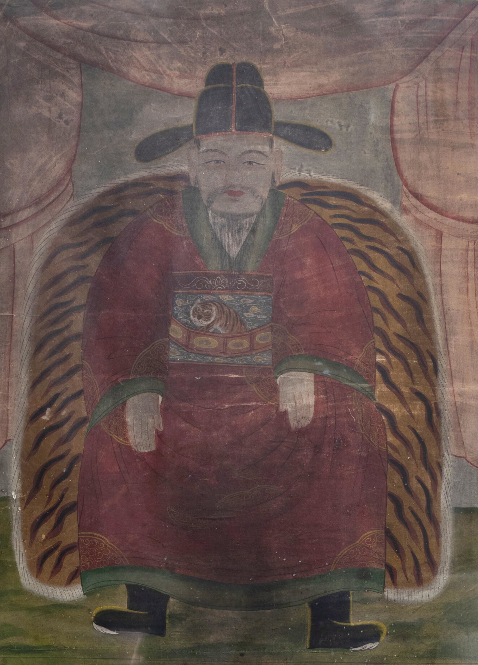 Korean school, ink and colours on canvas, Joseon, ca.: Full title: Korean school, ink and colours on canvas, Joseon, ca. 1900: High ranked warlord with a 'hyungbae' (rank badge) with a tiger Description: Work: 105,5 x 75 cm Frame: 127,5 x 96,8 cm Conditio