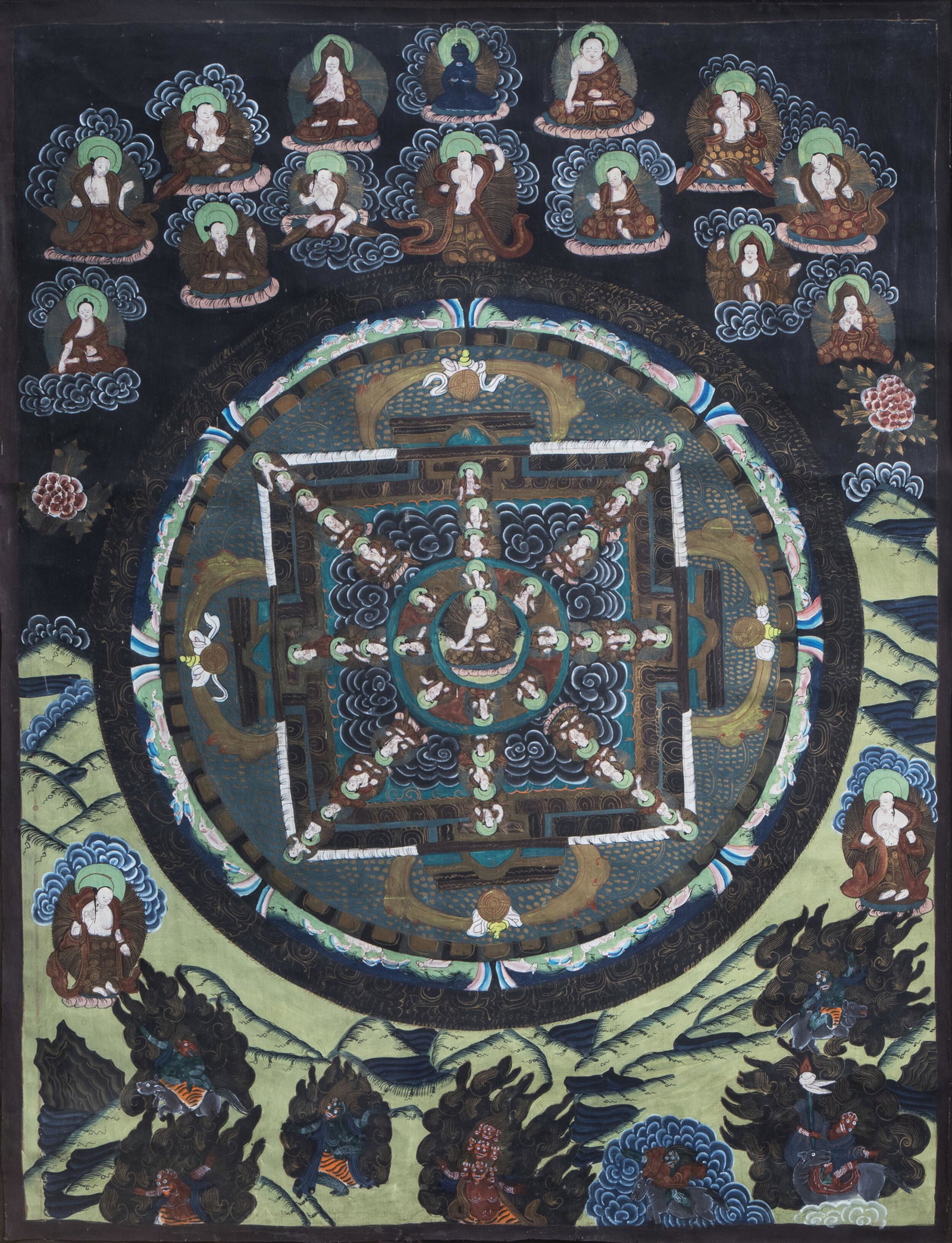 A 'mandala' thangka, Tibet or Nepal, 20th C.: Full title: A 'mandala' thangka, Tibet or Nepal, 20th C. Description: Work: 79,8 x 59,8 cm Frame: 115 x 88,5 cm Condition:Please contact us to let us know which lots are of interest, so we can make th