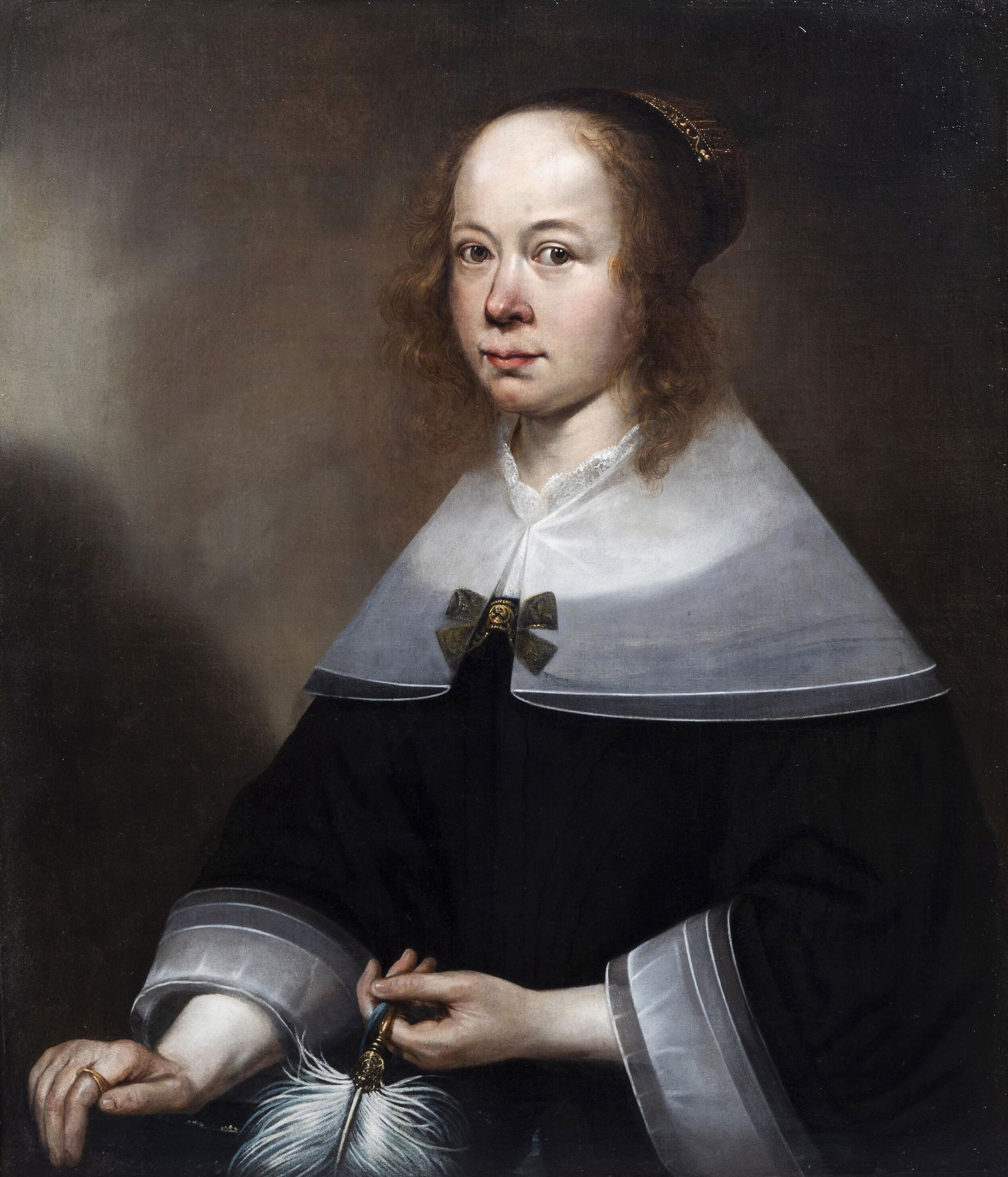 Dutch school: Portrait of a young lady, oil on canvas,: Full title: Dutch school: Portrait of a young lady, oil on canvas, 17th C. Description: Work: 78 x 66 cm Frame: 94 x 84 cm The work in the manner of Ferdinand Bol (1616-1680) and circle and with a bea