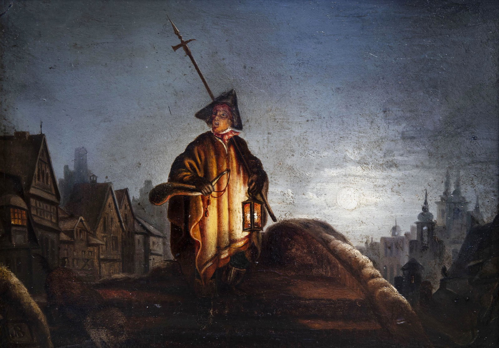European school, monogrammed JB: The town crier, oil on: Full title: European school, monogrammed JB: The town crier, oil on board, 19th/20th C. Description: Work: 24,6 x 18,6 cm Frame: 36,5 x 31,5 cm The reverse with a wax seal and the name 'Ellen Kivitel'