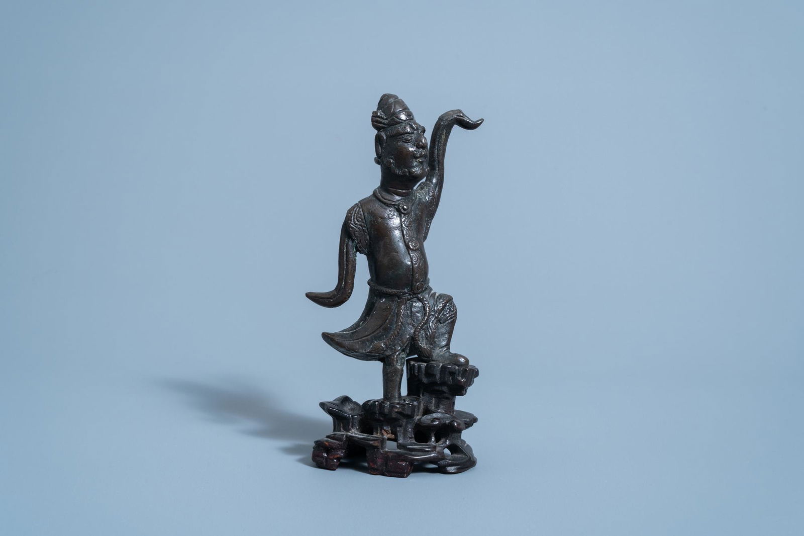 A Chinese bronze figure of a dancer on wooden stand, (1 of 7)