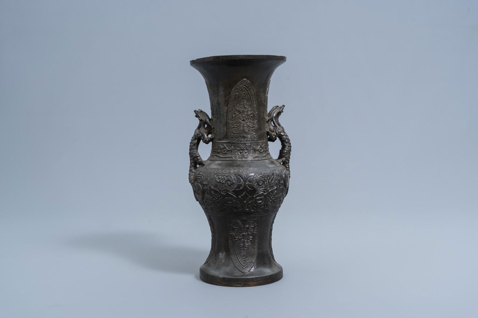 A Chinese bronze archaic relief-decorated vase with (1 of 6)