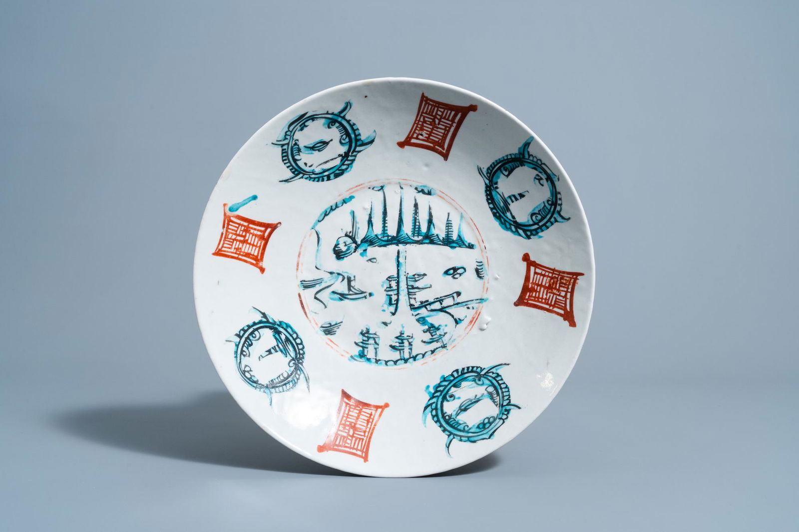 A Chinese polychrome Swatow 'landscape' dish, Ming (1 of 2)