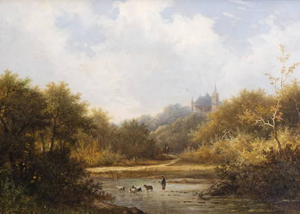 Hendrik Pieter Koekkoek (1843-1890/1910): A river: Title: Hendrik Pieter Koekkoek (1843-1890/1910): A river landscape with a goat herd, oil on panel Description: Work: 32,8 x 23,8 cm Frame: 51 x 42 cm