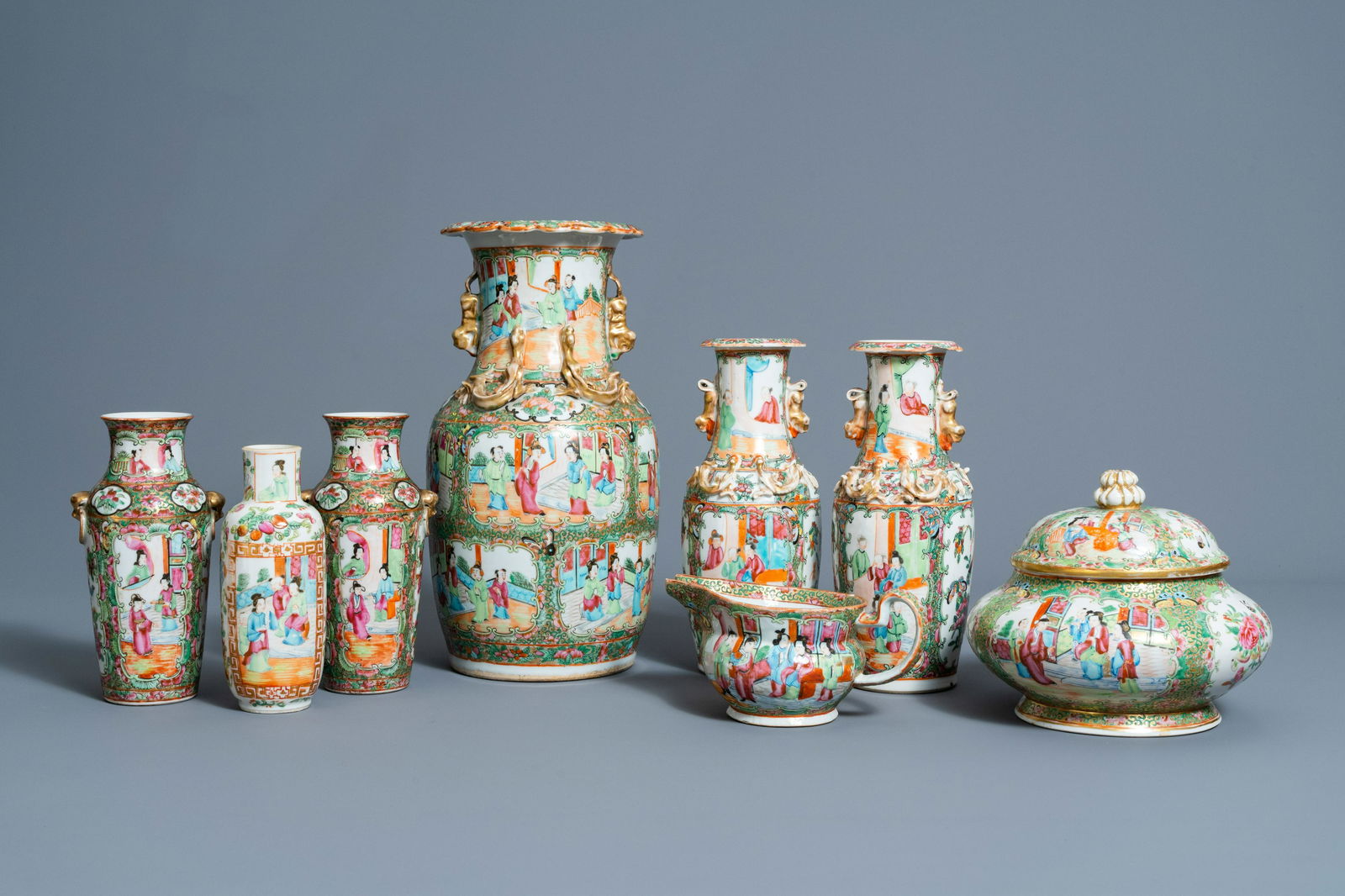 Six Chinese Canton famille rose vases, a jar and cover (1 of 13)