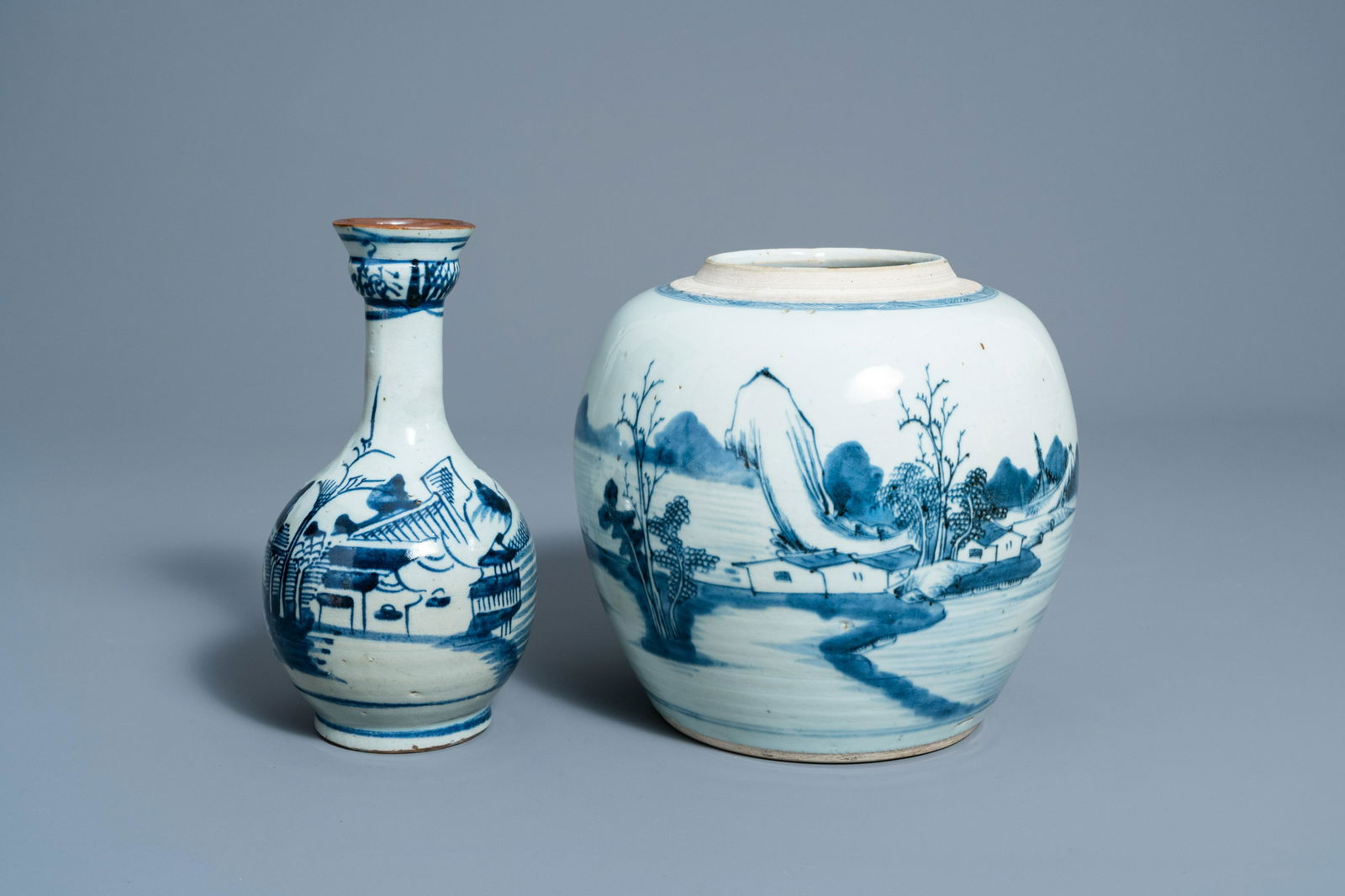 A Chinese blue and white ginger jar and a vase with a (1 of 7)