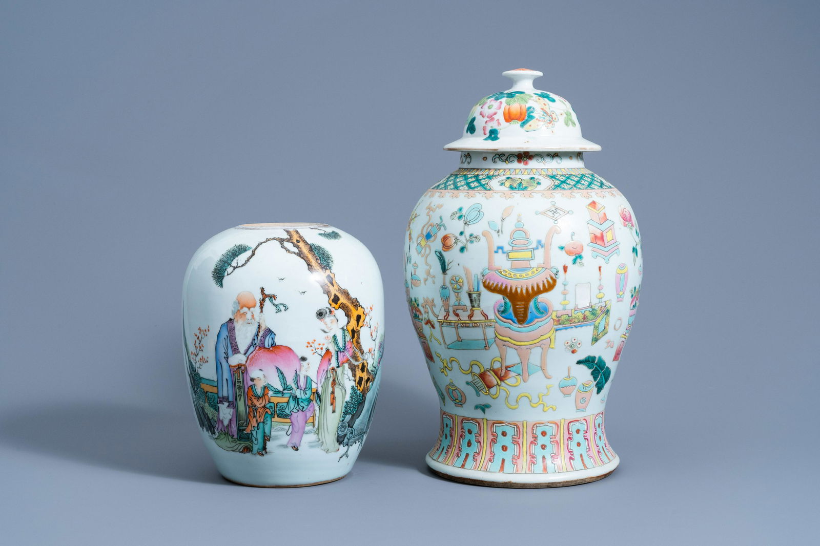 A Chinese famille rose 'antiquities' vase and cover and (1 of 7)