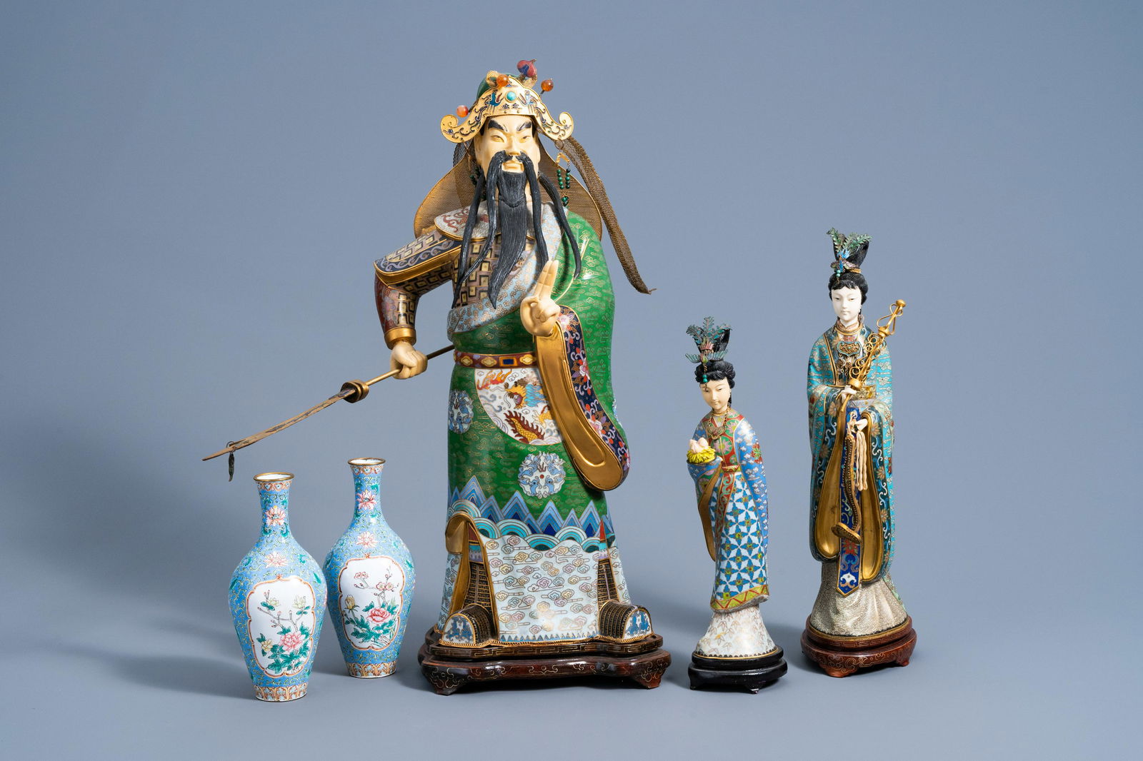 Three Chinese cloisonne figures and a pair of enamel (1 of 15)