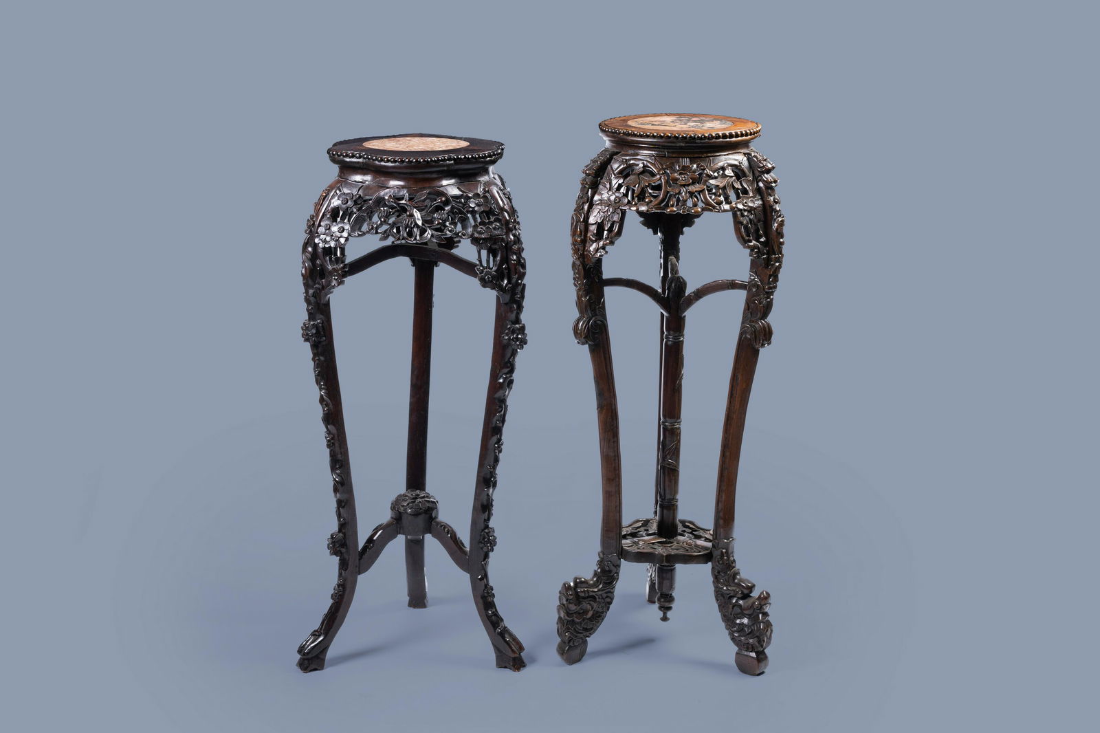 Two Chinese carved wood stands with marble top, (1 of 8)