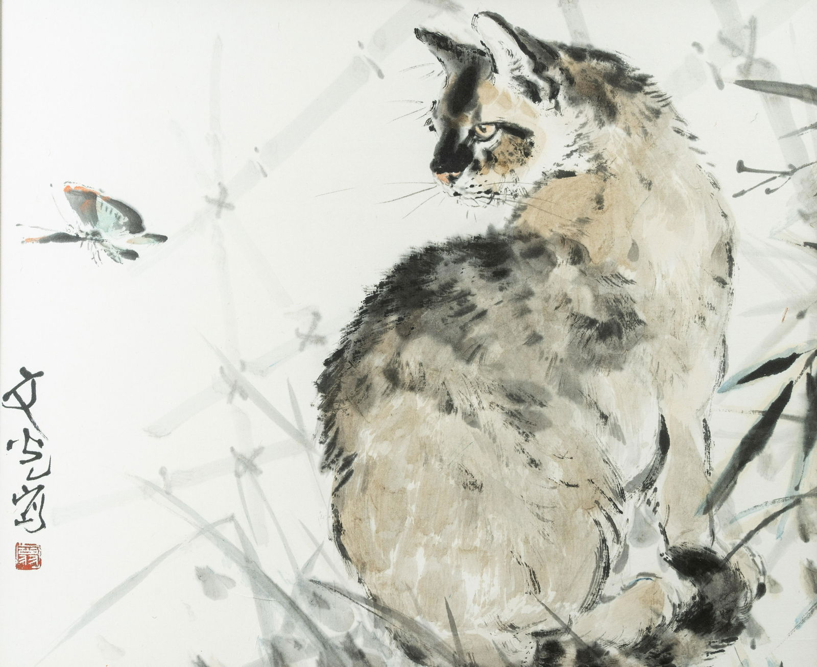 Chinese school: A cat and a butterfly, ink and colours (1 of 4)