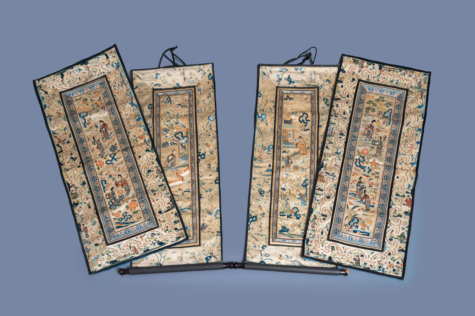 Four Chinese embroidered silk panels with figures in (1 of 5)