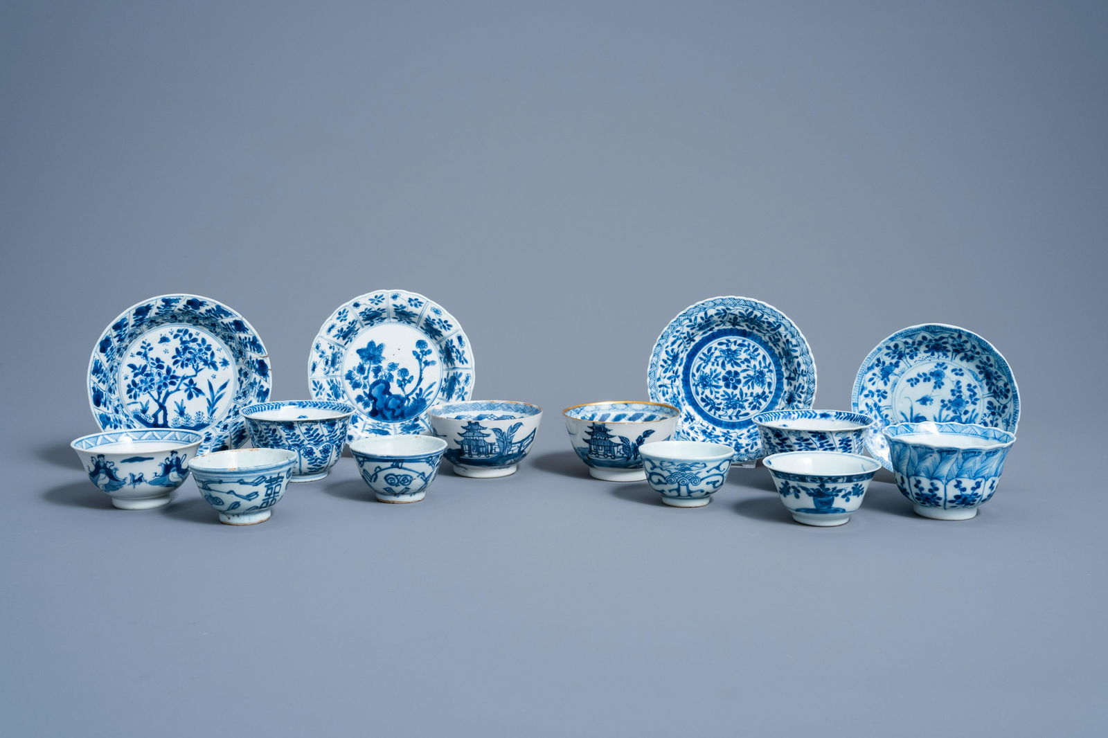 Ten Chinese blue and white cups and four saucers, (1 of 9)
