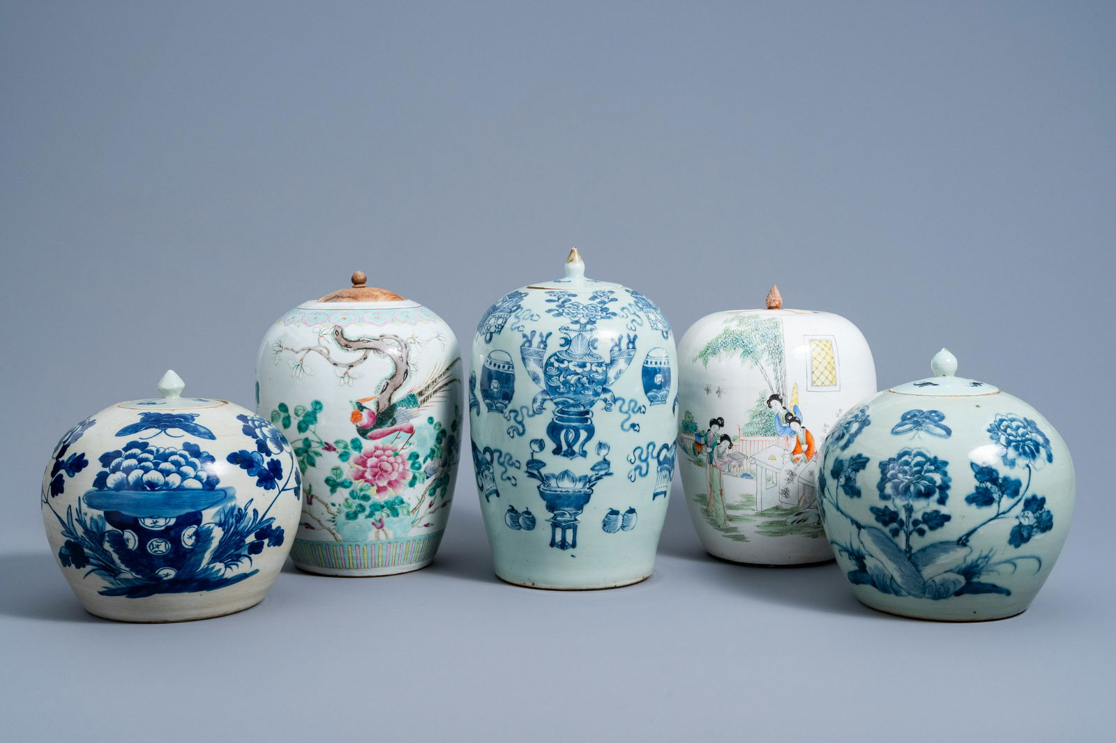 Five various Chinese famille rose and blue and white on (1 of 9)