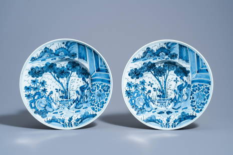 A pair of Dutch Delft blue and white chinoiserie: Full title: A pair of Dutch Delft blue and white chinoiserie chargers by Gerrit Kam, ca. 1700 Description: Dia.: 34,5 cm