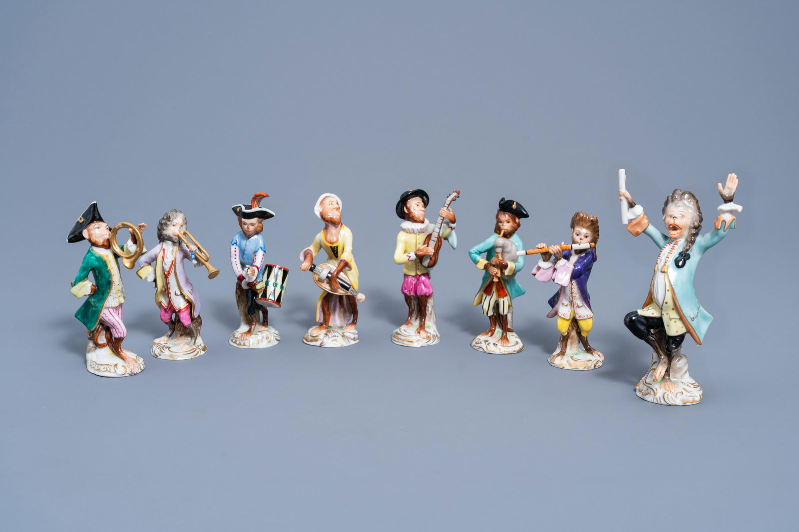 An eight-piece monkey orchestra in polychrome decorated (1 of 9)
