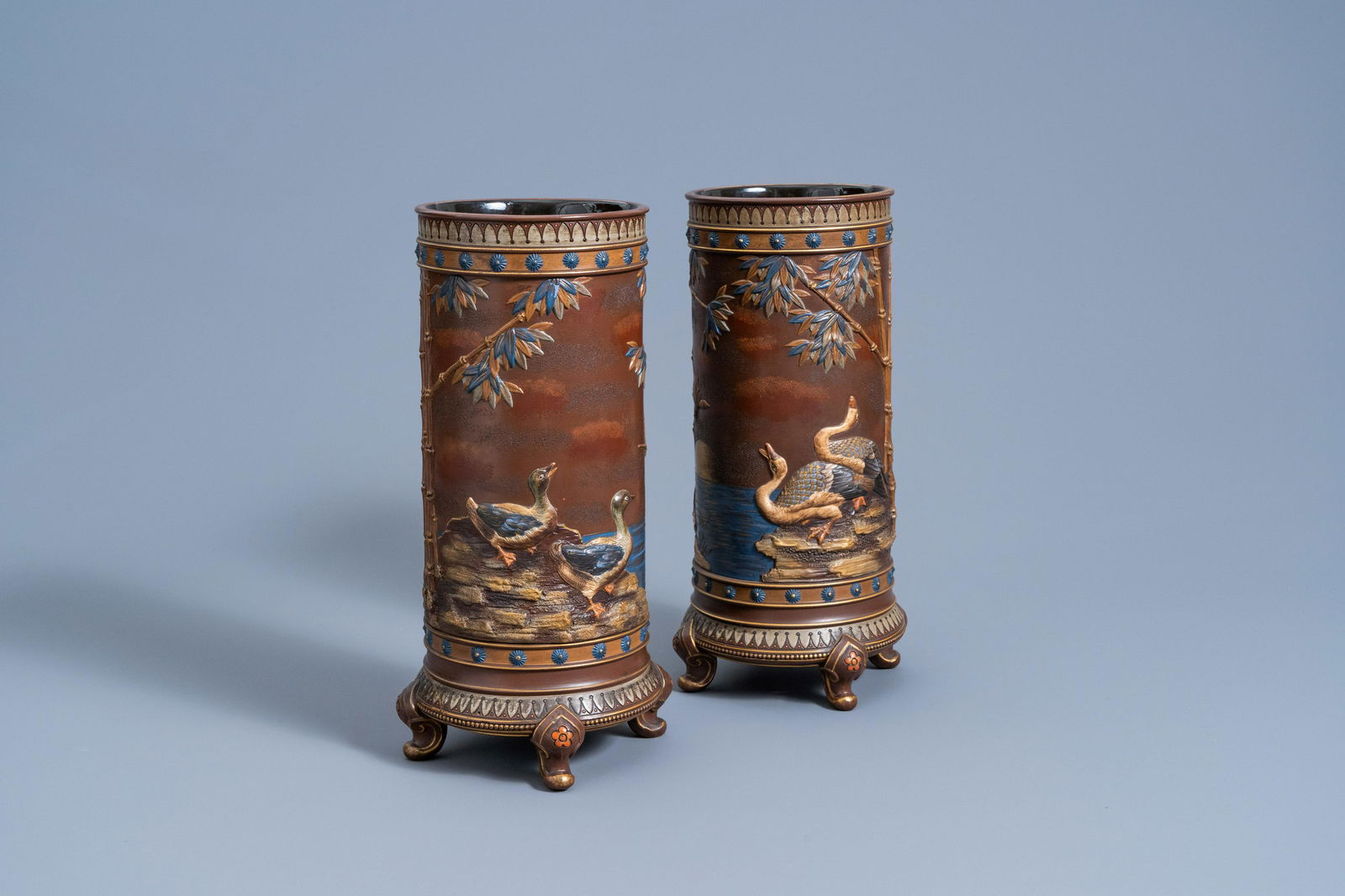 A pair of Mettlach vases with relief design of geese (1 of 9)