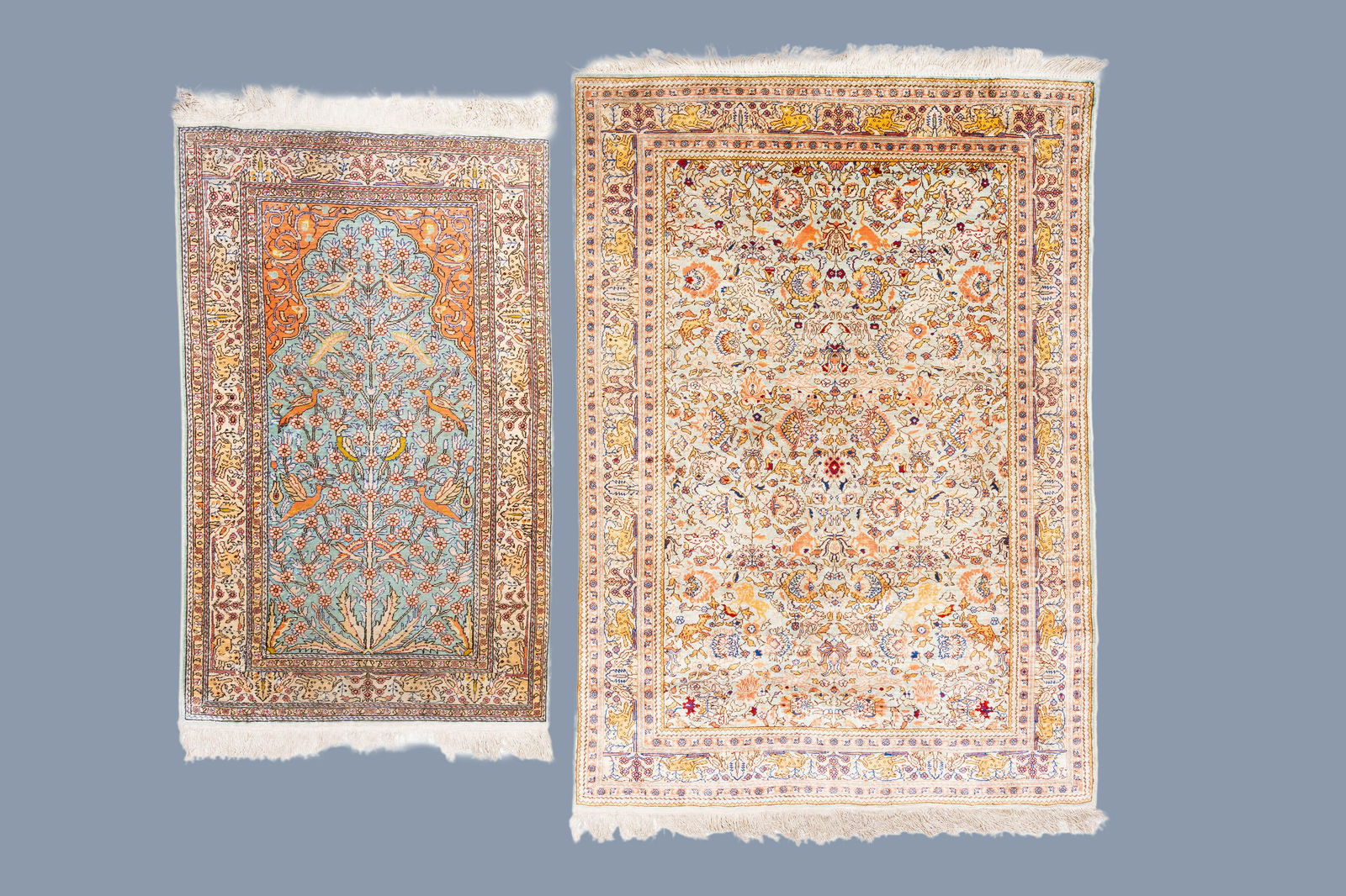 Two Oriental rugs with animals between blossoming (1 of 12)