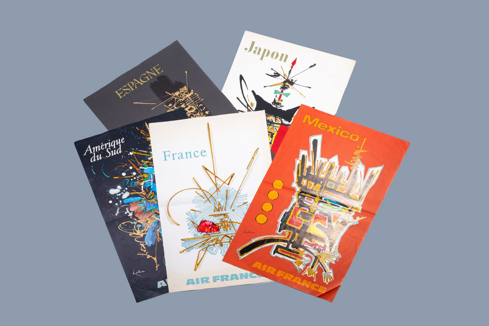 Georges Mathieu (1912-2021): Five 'Air France' color: Full title: Georges Mathieu (1912-2021): Five 'Air France' color posters (France, Japan, Mexico, Spain and South America), second half of the 20th C. Description: Work: 100 x 60 cm (x5)