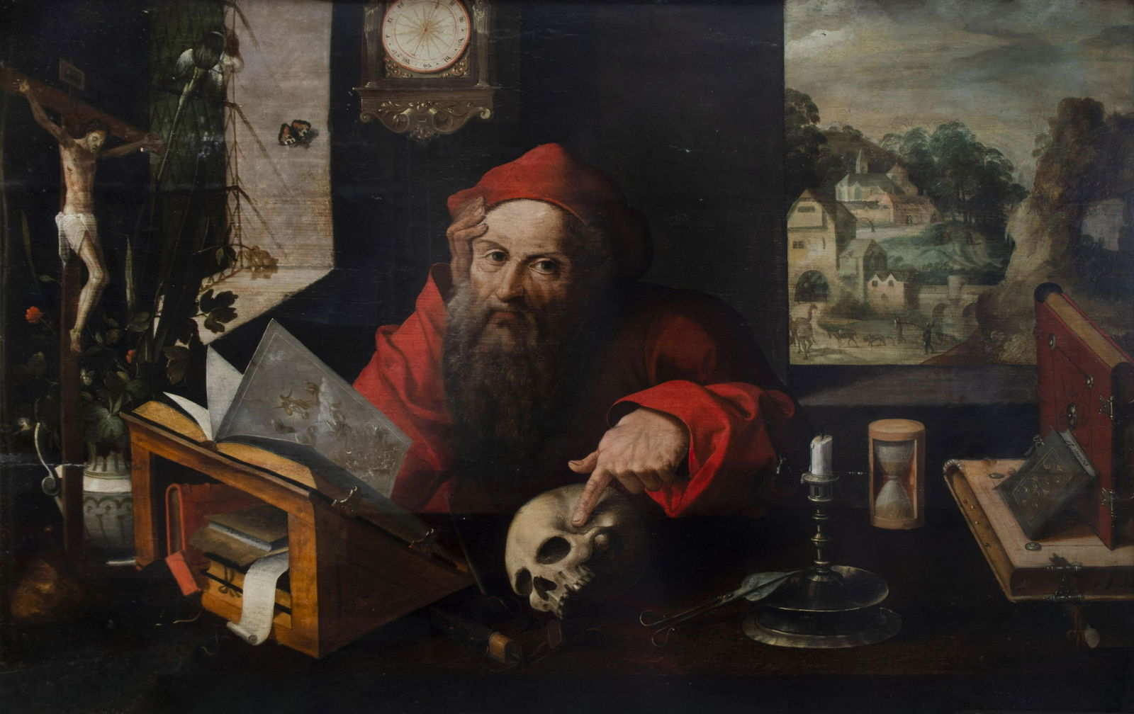 Flemish school, after Joos van Cleve (ca. 1485-1540):: Full title: Flemish school, after Joos van Cleve (ca. 1485-1540): Saint Jerome in his study, oil on panel, ca. 1600 Description: Work: 115 x 75 cm Frame: 131 x 90 cm The figure of Hieronymus is based