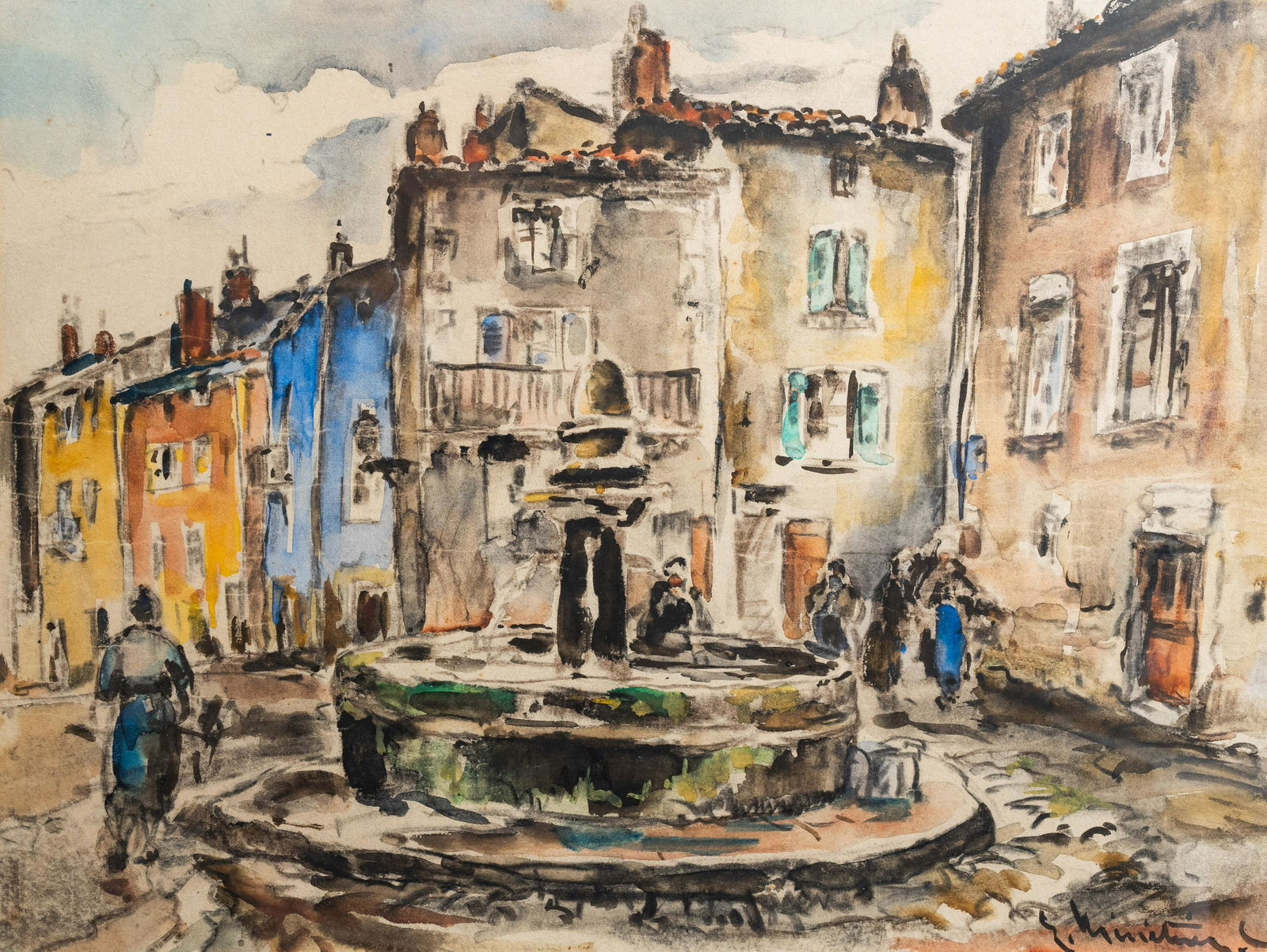 French school, illegibly signed: Village square in the (1 of 4)