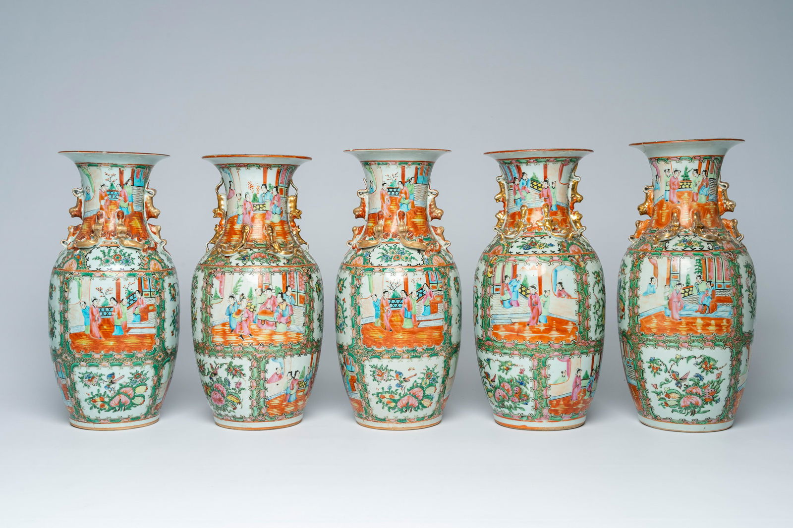 Five Chinese Canton famille rose vases with palace scenes and floral design, 19th/20th C. (1 of 6)