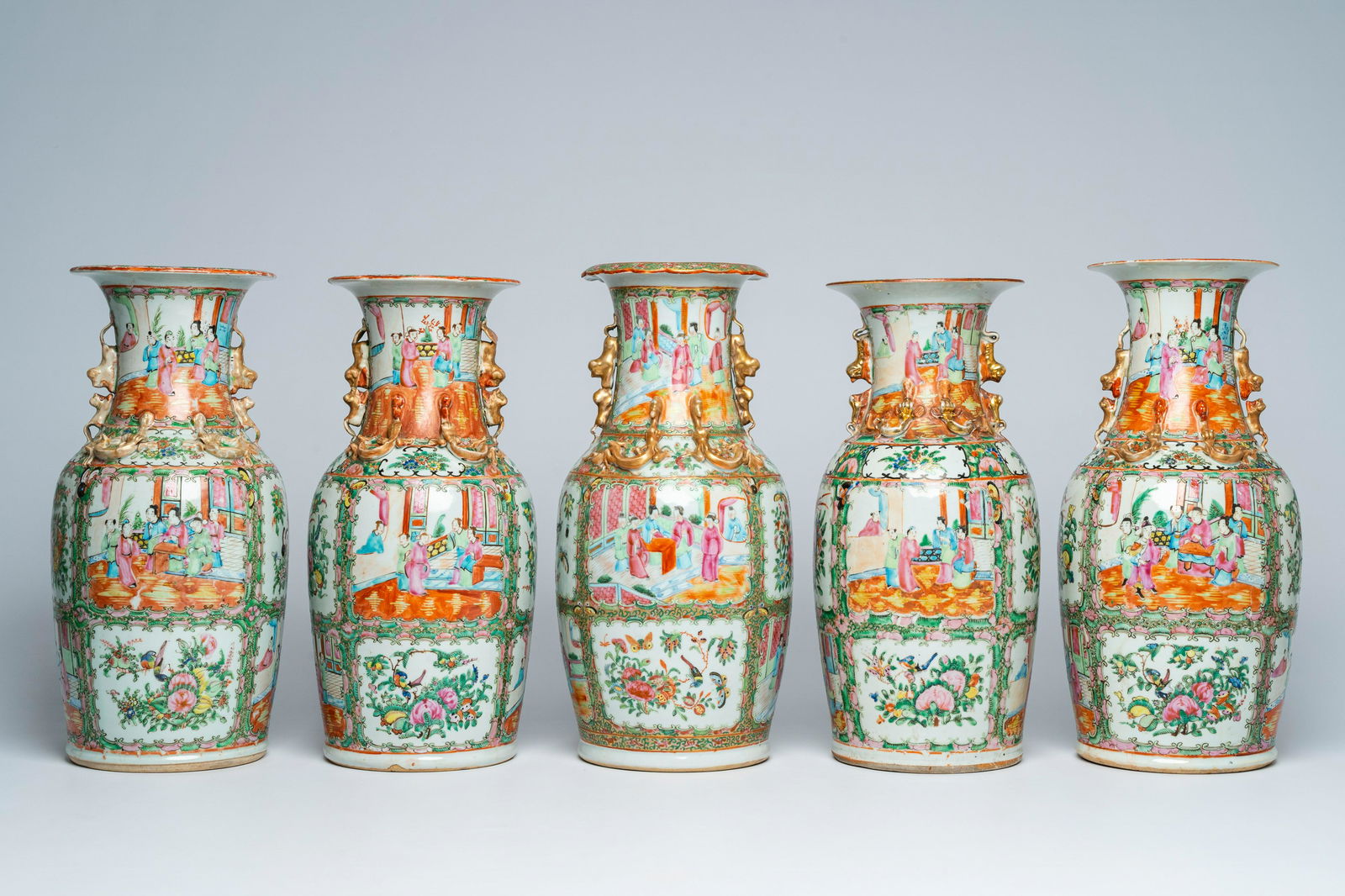 Five Chinese Canton famille rose vases with palace scenes and floral design, 19th/20th C. (1 of 6)