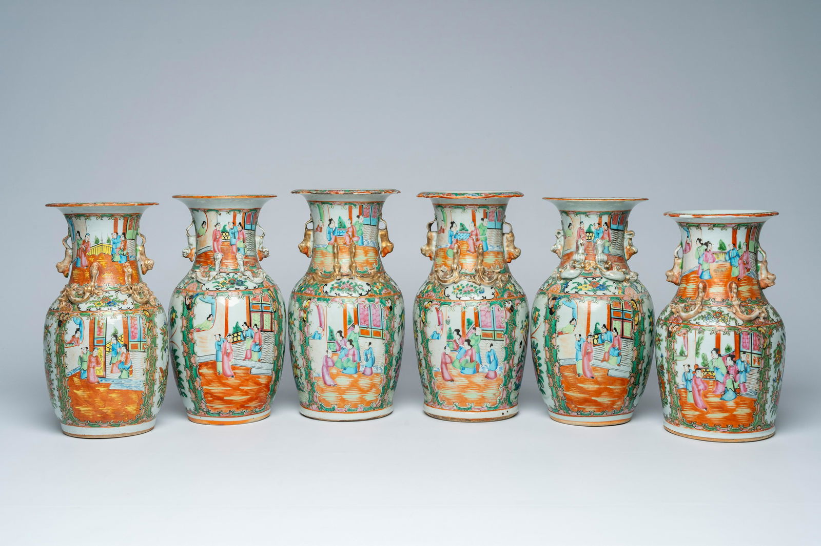 Six various Chinese Canton famille rose vases with palace scenes and birds among blossoming (1 of 7)