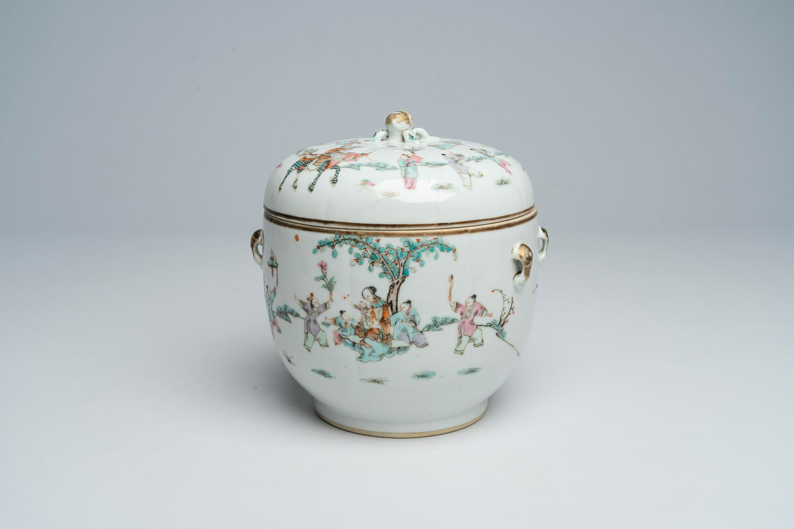 A Chinese famille rose jar and cover with the qilin Song Zi and playing children, 19th C. (1 of 7)