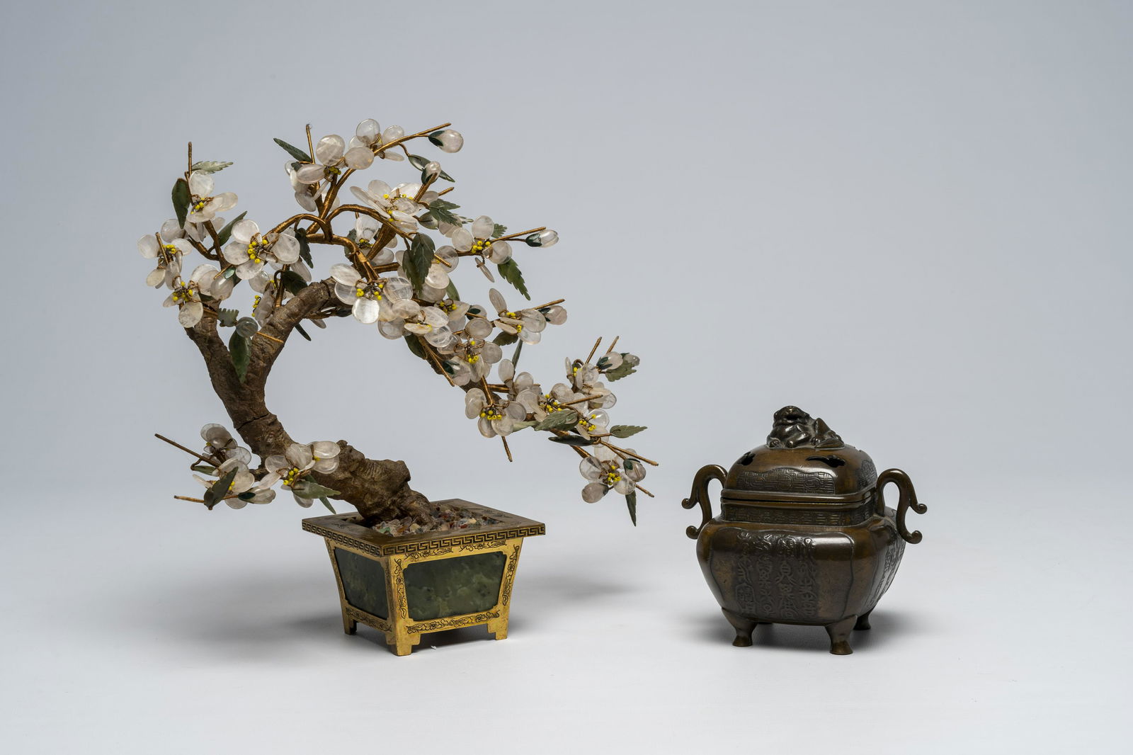 A Chinese bronze censer and a small jade and hardstone tree, 20th C. (1 of 7)