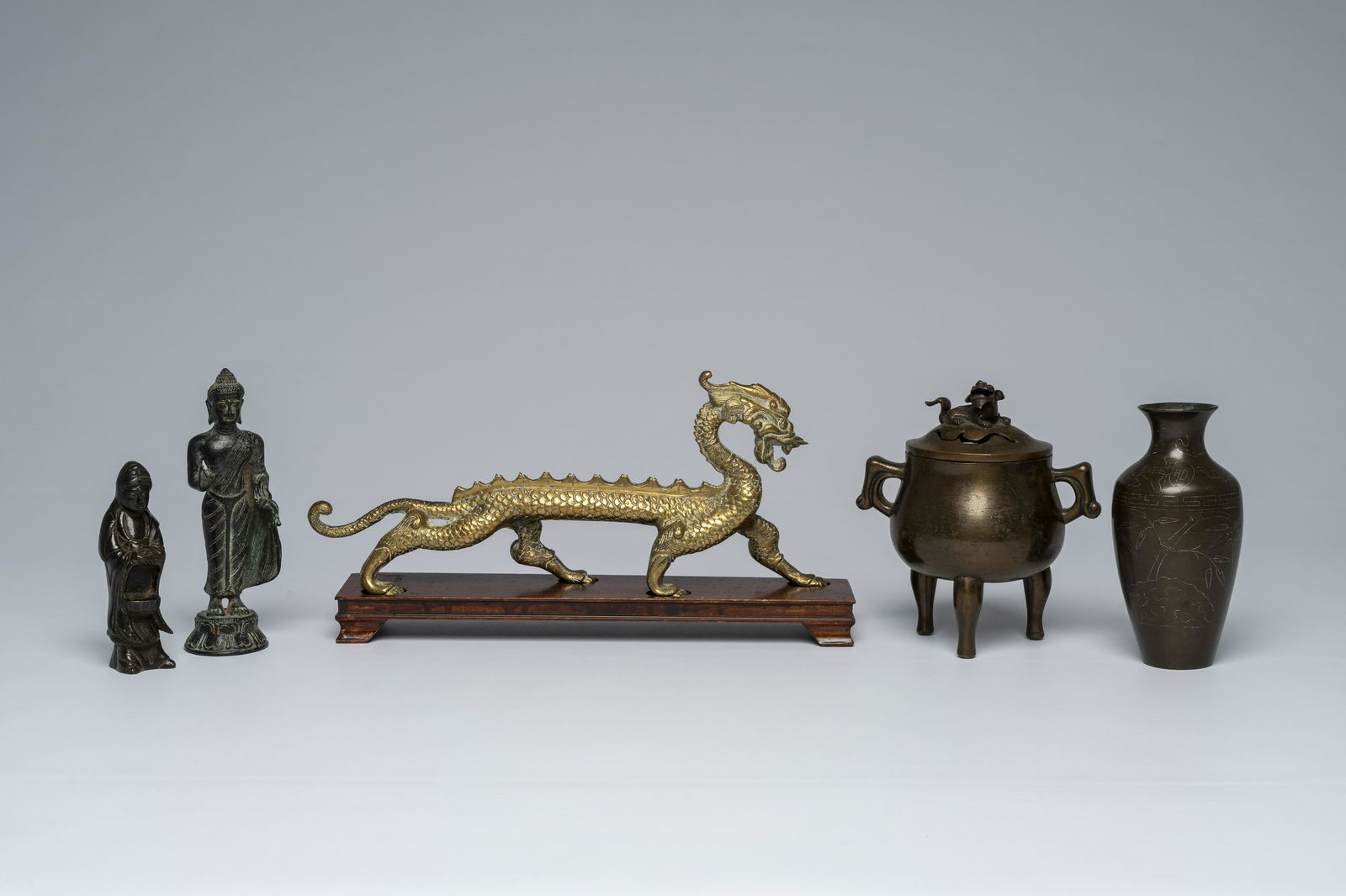 Three bronze sculptures, a censer and a vase, China, Vietnam and Japan, 19th/20th C. (1 of 9)