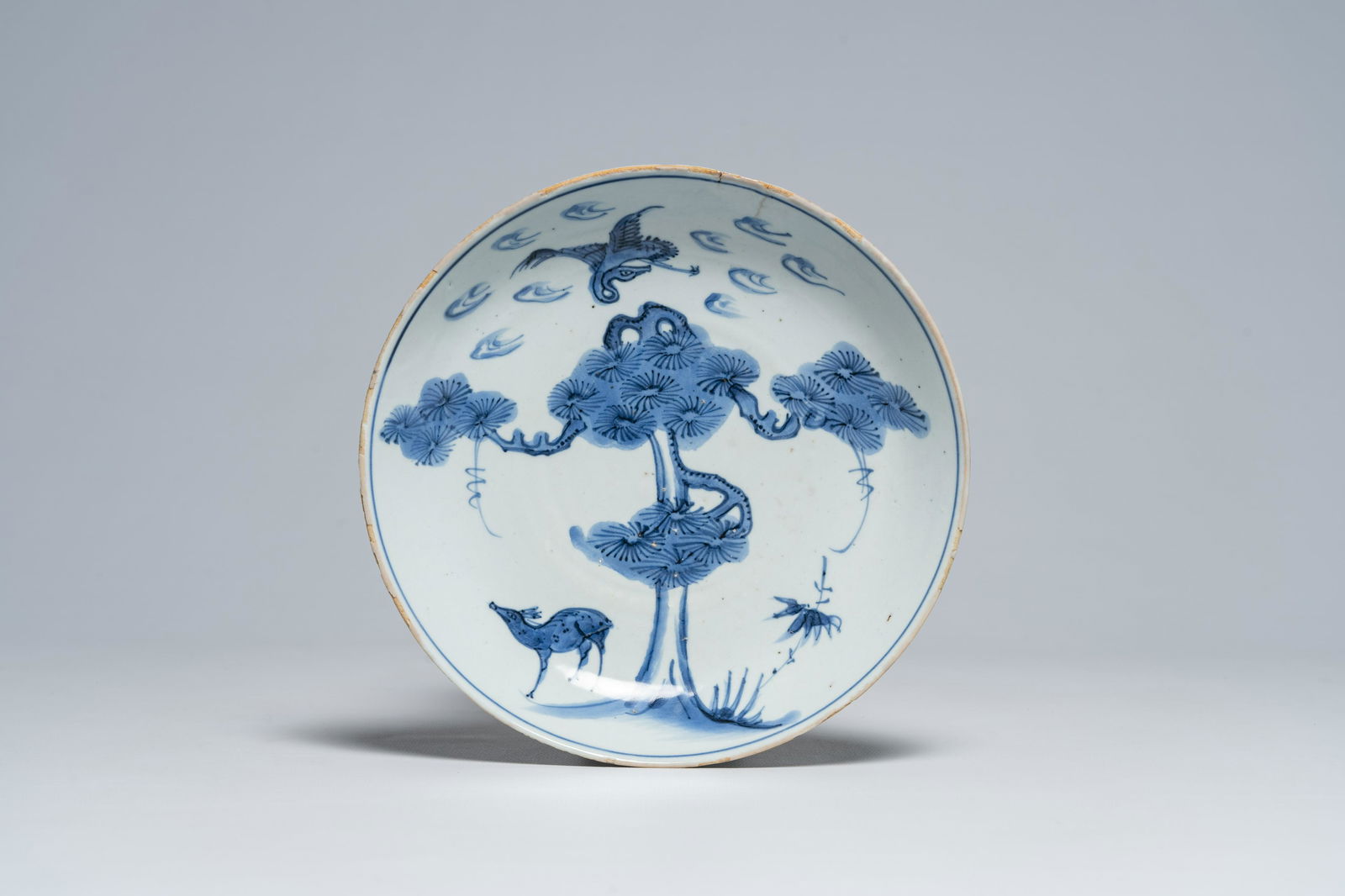 A Chinese blue and white 'deer and crane' dish, Chenghua mark, Tianqi/Chongzhen (1 of 2)