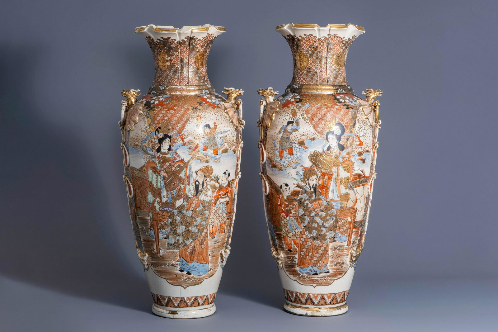 A pair of massive Japanese Satsuma vases with figural design, Meiji, 19th C. (1 of 6)