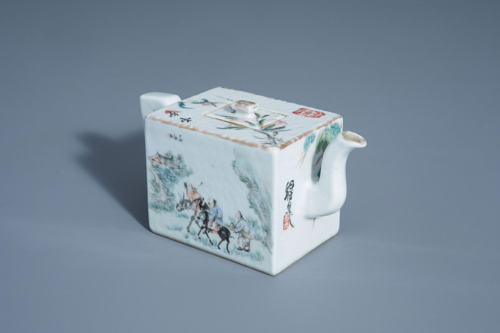 A rectangular Chinese qianjiang cai teapot and cover with different designs, 19th/20th C. (1 of 7)