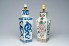 Two Chinese square blue, white and famille rose vases with dragons and antiquities mounted as lamps,