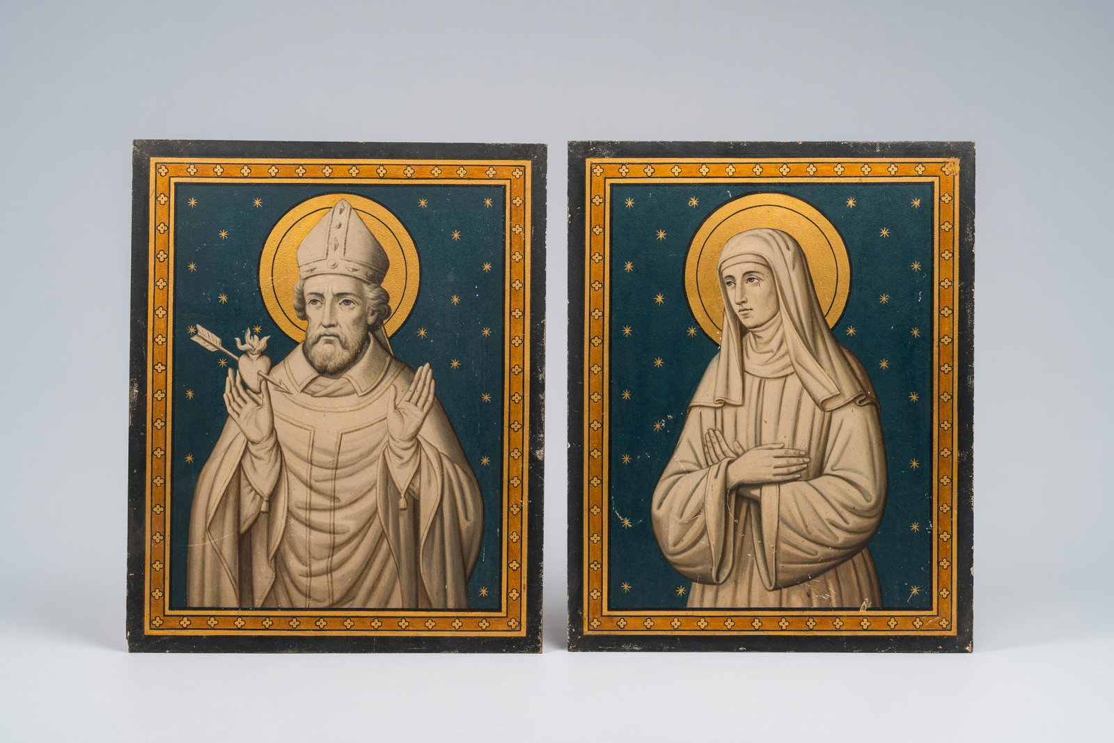 Belgian or French school: Two Gothic revival paintings with the Virgin Mary and Saint Auguste, oil: Full title: Belgian or French school: Two Gothic revival paintings with the Virgin Mary and Saint Auguste, oil on panel, 19th C. Description: Work: 46,5 x 37,5 cm (Saint Auguste) Work: 46,5 x 37 cm (V