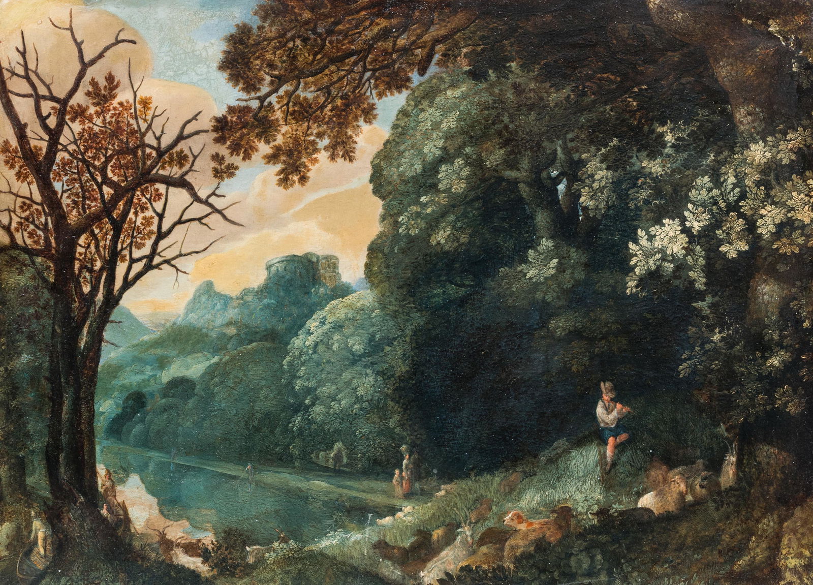 Goffredo Wals (1595-1638, attributed to): Animated river landscape, oil on copper, first half 17th: Full title: Goffredo Wals (1595-1638, attributed to): Animated river landscape, oil on copper, first half 17th C. Description: Work: 39,5 x 29 cm Goffredo Wals (Gottfried Waals, Gottfried Waeles, Goff