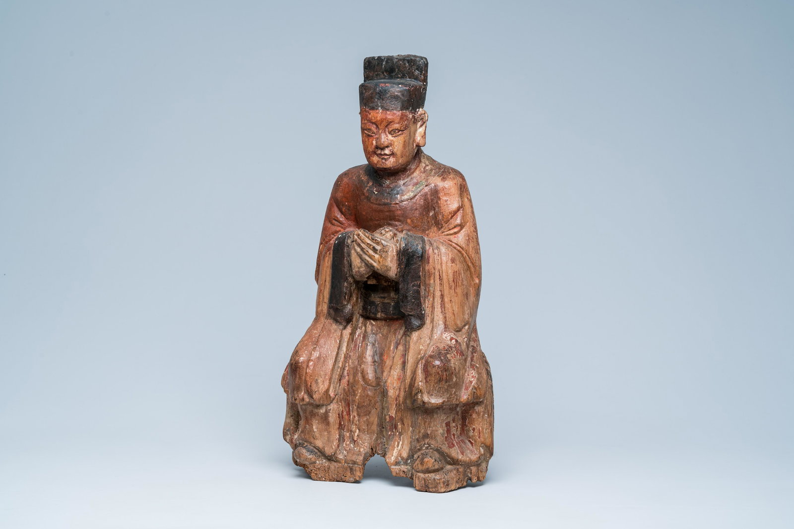 A tall Chinese polychromed wood sculpture of Wenchang Wang, the god of literature, Ming: Full title: A tall Chinese polychromed wood sculpture of Wenchang Wang, the god of literature, Ming Description: H 58,5 cm