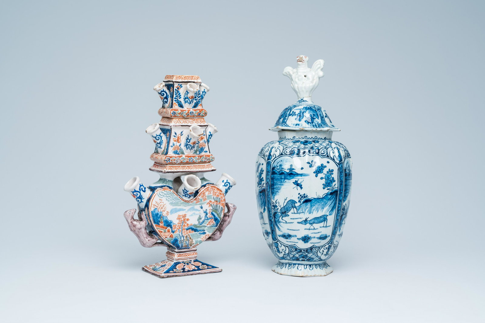 A Dutch Delft blue and white covered vase and a tulip vase, 18th and 19th C. (1 of 7)