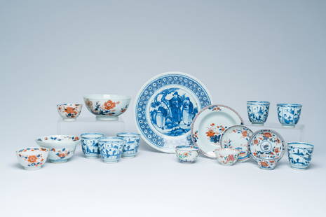 A varied collection of Chinese blue and white, Imari-style, famille verte and rose porcelain,: Full title: A varied collection of Chinese blue and white, Imari-style, famille verte and rose porcelain, 18th/19th C. Description: Dia.: 16,7 - 10,5 cm (the largest and the smallest saucer)H 7,1