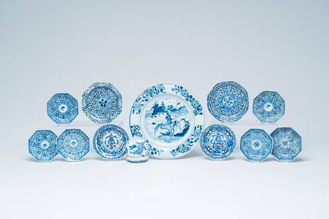 A varied collection of Chinese blue and white porcelain, 18th C. and later: Full title: A varied collection of Chinese blue and white porcelain, 18th C. and later Description: H 3,3 cm - Dia.: 7 cm (the box)Dia.: 12,7 - 9,5 cm (the largest and the smallest saucer)Dia.: 23