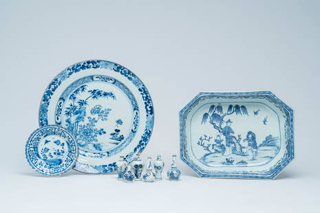 A varied collecion of Chinese blue and white porcelain with floral design and figures in a: Full title: A varied collecion of Chinese blue and white porcelain with floral design and figures in a landscape, Kangxi/Qianlong Description: Dia.: 31,3 cm (the charger)Dia.: 14 cm (the saucer)H