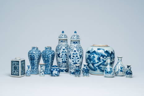 Fourteen Chinese blue and white vases, Kangxi and later: Full title: Fourteen Chinese blue and white vases, Kangxi and later Description: H 31,8 - 8 cm (the tallest and the smallest vase)H 22,1 cm (the jar)