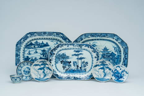 A varied collection of Chinese blue and white porcelain with landscapes and floral design,: Full title: A varied collection of Chinese blue and white porcelain with landscapes and floral design, Kangxi/Qianlong Description: Dia.: 13,1 - 10,5 cm (the largest and the smallest saucer)H 4,2