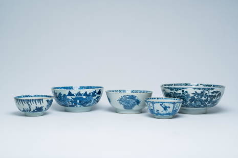 Five Chinese blue and white bowls with floral and figurative designs, Kangxi/Qianlong: Full title: Five Chinese blue and white bowls with floral and figurative designs, Kangxi/Qianlong Description: H 11,5 cm - Dia.: 27 cm (the largest bowl)H 7,1 cm - Dia.: 15 cm (the smallest bowl)