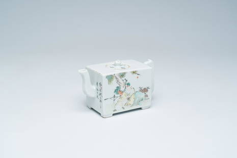 A rectangular Chinese qianjiang cai teapot with a bird among blossoming branches and an Immortal and: Title: A rectangular Chinese qianjiang cai teapot with a bird among blossoming branches and an Immortal and his servant in a garden, 19th/20th C. Description: H 9,3 - L 16,3 cm