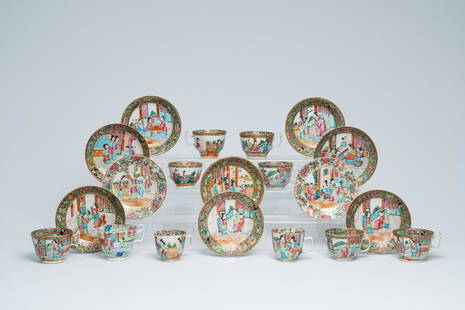 Ten Chinese Canton famille rose cups and saucers with palace scenes and figures in a landscape, 19th: Title: Ten Chinese Canton famille rose cups and saucers with palace scenes and figures in a landscape, 19th C. Description: Dia.: 14,5 cm (the saucers) Dia.: 8,7 - 7 cm (the largest and the