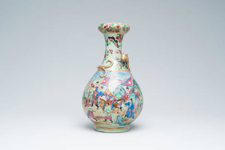 A Chinese Canton famille rose celadon ground vase with warrior scenes all around, 19th C.: Title: A Chinese Canton famille rose celadon ground vase with warrior scenes all around, 19th C. Description: H 31,8 cm