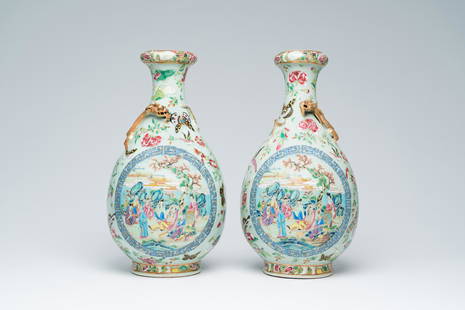 A pair of Chinese Canton famille rose celadon ground 'Eight Immortals' vases with a palace scene and: Title: A pair of Chinese Canton famille rose celadon ground 'Eight Immortals' vases with a palace scene and butterflies, 19th C. Description: H 43 - 42,5 cm