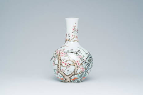 A Chinese famille rose tianqu ping vase with birds among blossoming branches, Qianlong mark, 20th C.: Title: A Chinese famille rose tianqu ping vase with birds among blossoming branches, Qianlong mark, 20th C. Description: H 37,5 cm